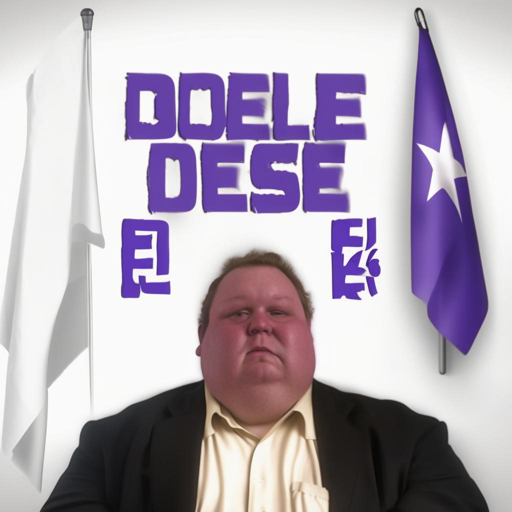  very old nervous morbidly obese very fat overweight man sitting at a desk with purple text and flags behind