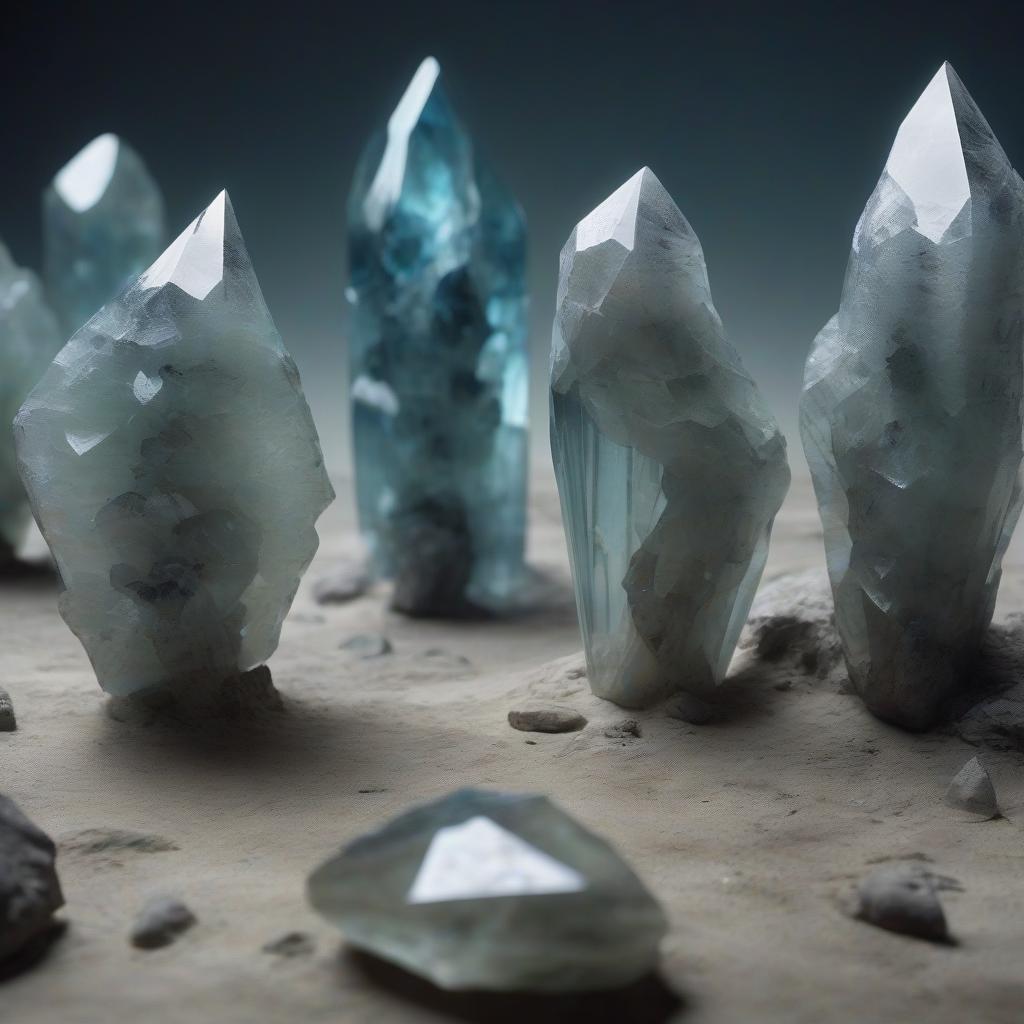  creatures made entirely of inorganic crystal. their heads resemble a jagged fragment of faceted stone, with no signs of eyes, mouths or ears. their body shape is roughly humanoid, with the same general orientation of the limbs. although they have toes, their feet end with stumps instead of feet. their entire body is usually built of gemstones of the same color, with pieces of stone and earth stuck to them