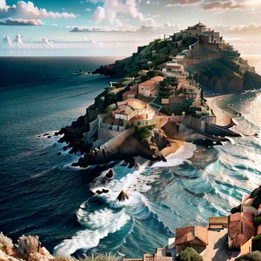  Mediterranean landscape, houses with red roofs, fishing village, sea, realistic, painting, pastel colors, sea, more sky and sea area, even more sea hyperrealistic, full body, detailed clothing, highly detailed, cinematic lighting, stunningly beautiful, intricate, sharp focus, f/1. 8, 85mm, (centered image composition), (professionally color graded), ((bright soft diffused light)), volumetric fog, trending on instagram, trending on tumblr, HDR 4K, 8K