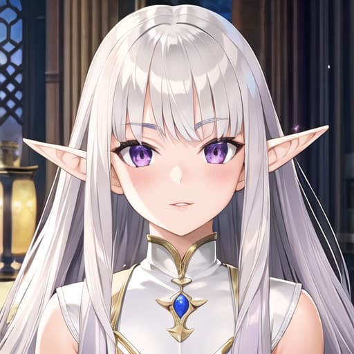  master piece , best quality,silver hair, half elf, beautiful girl, childlike face, ladylike, white clothes, purple eyes.