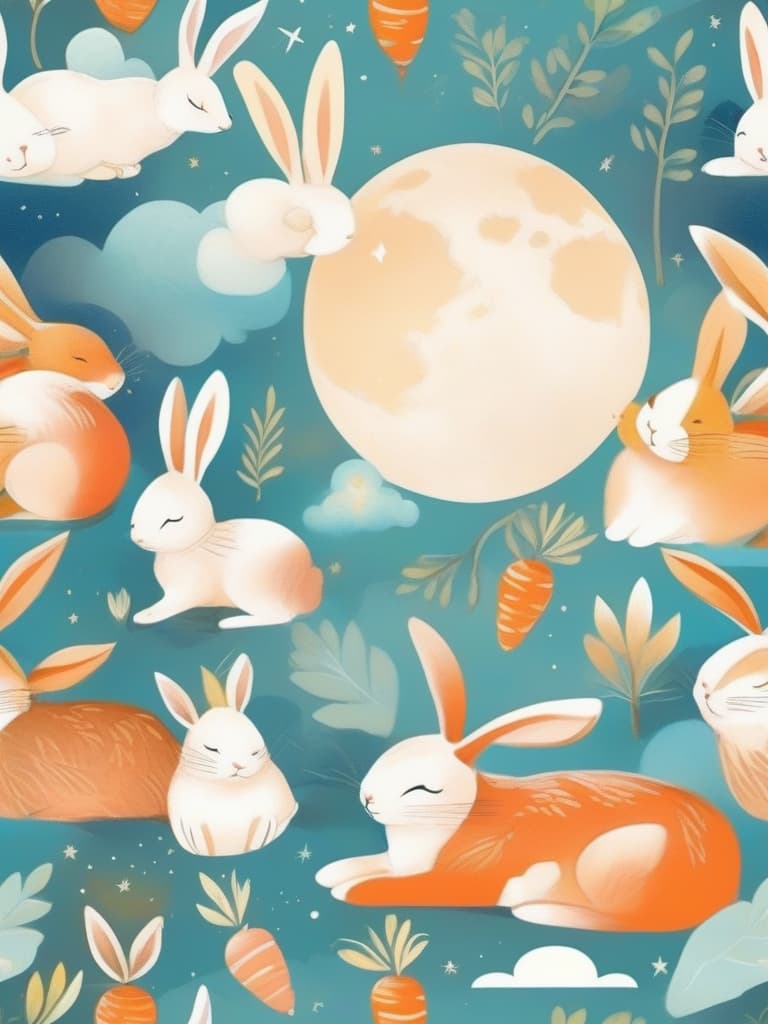  best masterpieces, very cute rabbits, (((sleeping))), carrot pillows, gentle colors, fairy tale style, full moon, super delicate