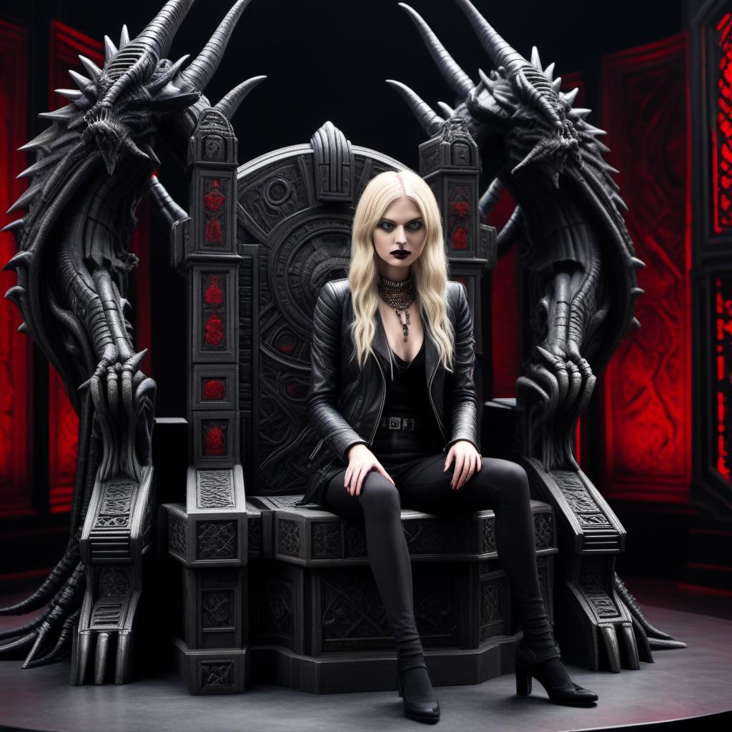  ((())) uncensored photorealistic half body portrait of a young ((())) old taylor momsen lookalike girl, ((sits on a big throne with carved monster heads. she wears black exposing ((())) tiny s, (((long blonde hair with red highlights))), (((straight look to camera))), (lips painted black with black lipstick), long neck with lots of necklaces, (((shows long legs))), (((very dark background))), in a dark doomed ancient temple in h.r.giger style, ((anime)) hyperrealistic, full body, detailed clothing, highly detailed, cinematic lighting, stunningly beautiful, intricate, sharp focus, f/1. 8, 85mm, (centered image composition), (professionally color graded), ((bright soft diffused light)), volumetric fog, trending on instagram, trending on tumblr, HDR 4K, 8K