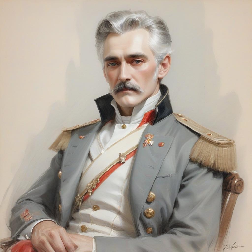  impressionist painting portrait of a handsome gray haired russian count of the 19th century, harrison fisher, pencil drawing on paper, intricate details . loose brushwork, vibrant color, light and shadow play, captures feeling over form