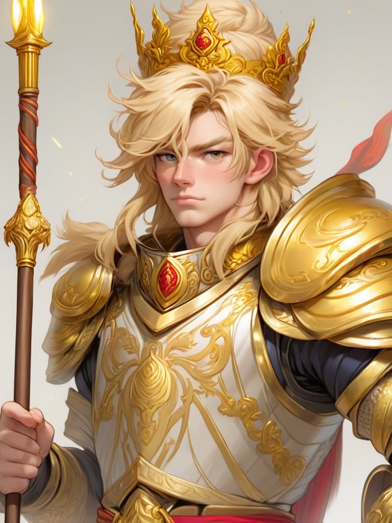  monkey king, one male, one monkey face, one male, one male, one male, one male, blond hair, wearing a soldier's armor, a golden stick, a portrait, a gold crown, an eye on the viewer, a real style, a small mouth horn, a close up, a strong body, a pale background, a steadfast look。