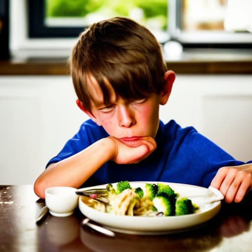  Close-up of Tommy (he is a kid and he is looking sad) at the kitchen table, pushing away a plate of broccoli with a disgusted expression. Crumbs and empty snack wrappers surround him. Use same model as previous image