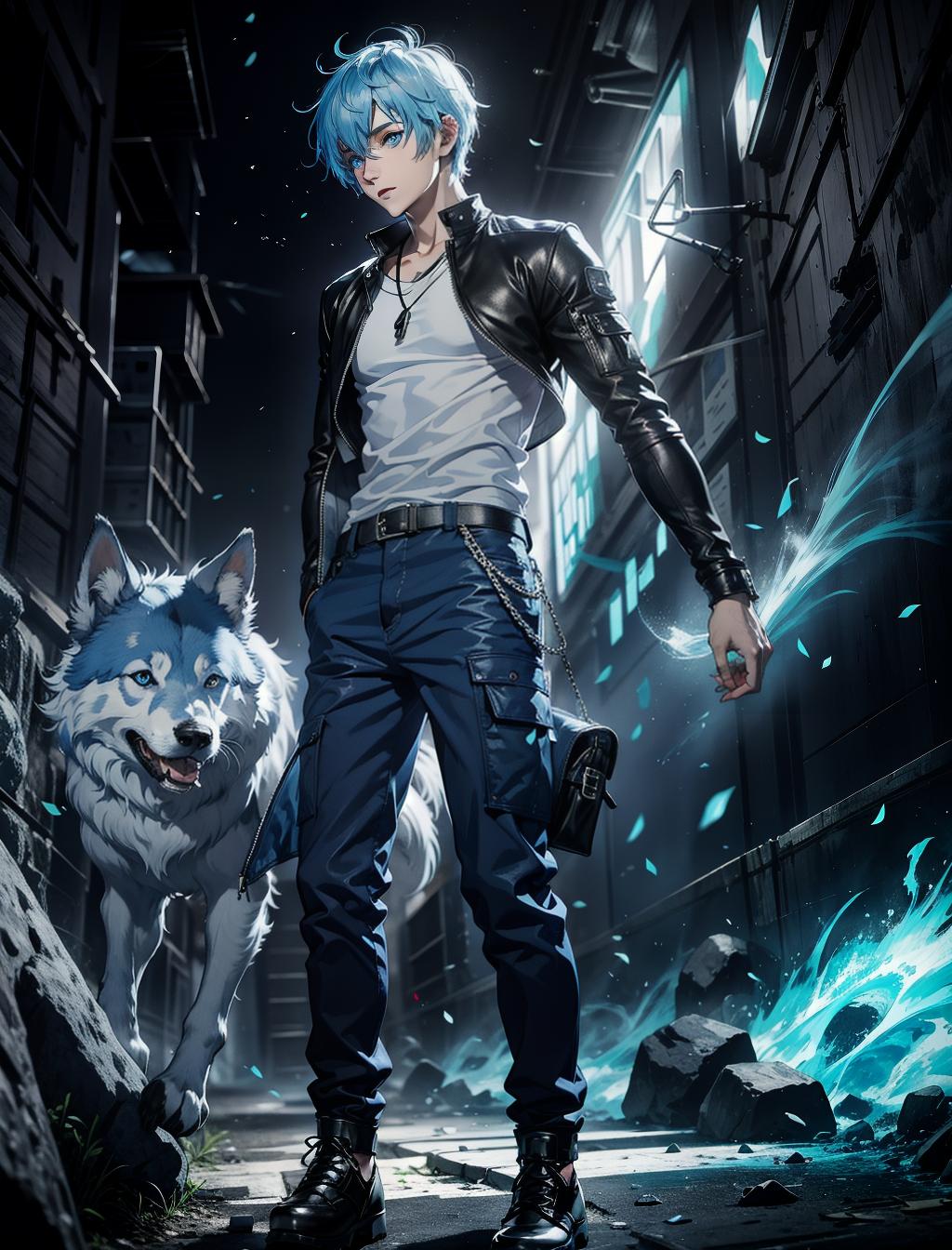  man with bright blue and light blue wolf cut hair wearing long sleeved clothes and baggy pants blue and light blue eyes