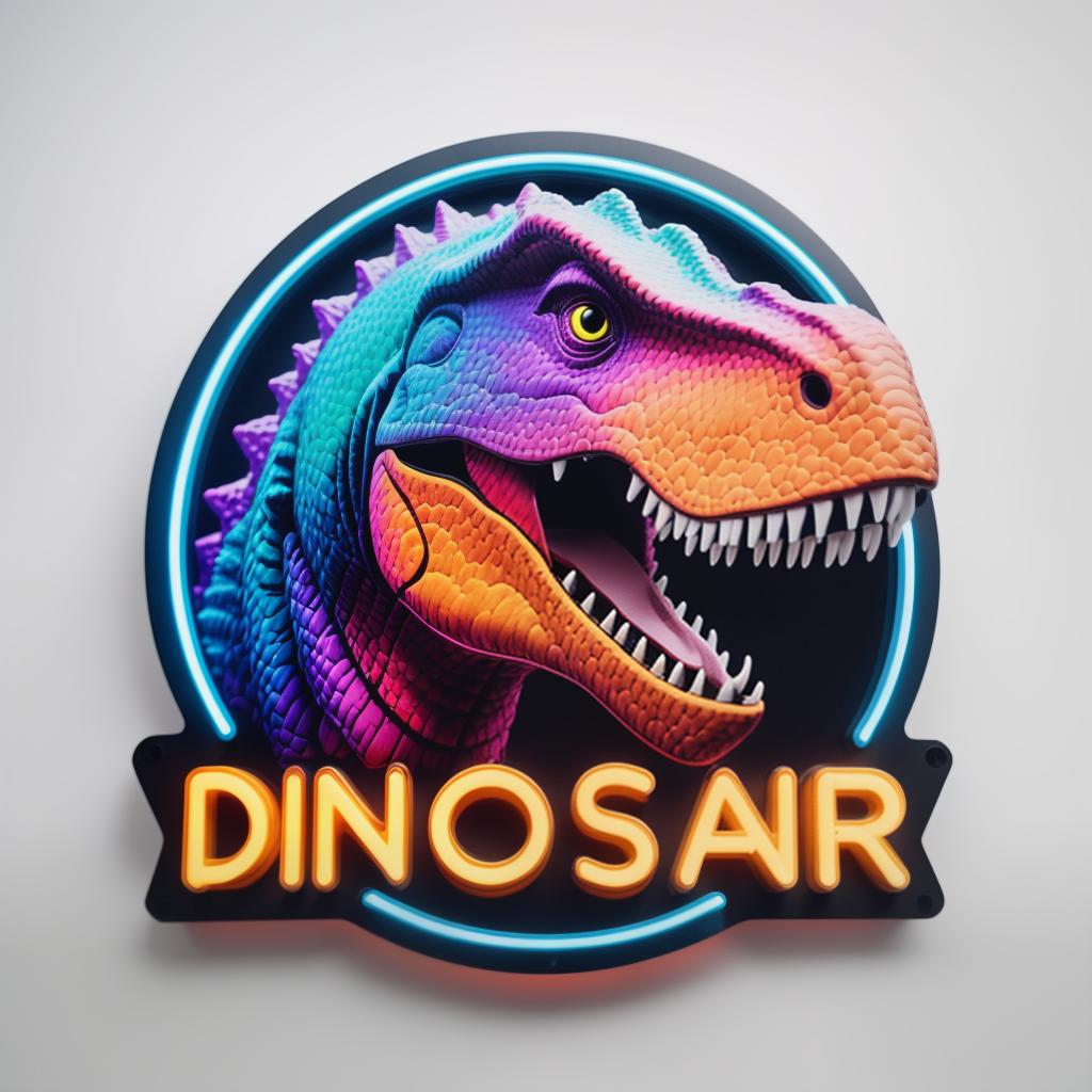  bring me similar type of dinosaur in different model logo and position, neon finish, cinematic, professional, 8k resolution , hyperrealistic, high quality, highly detailed, cinematic lighting, intricate, sharp focus, f/1. 8, 85mm, (centered image composition), (professionally color graded), ((bright soft diffused light)), volumetric fog, trending on instagram, HDR 4K, 8K