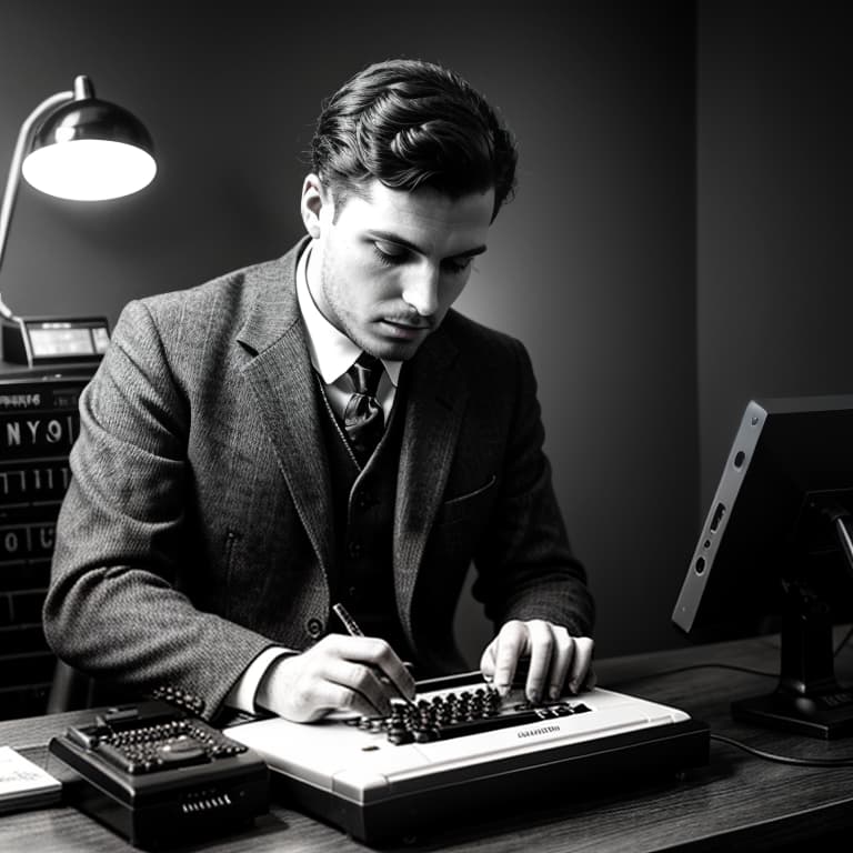  a man transfering bitcoin in the 1920s using morse code and a mechanical bitcoin typewriter. black and white picture. , hq, hightly detailed, 4k