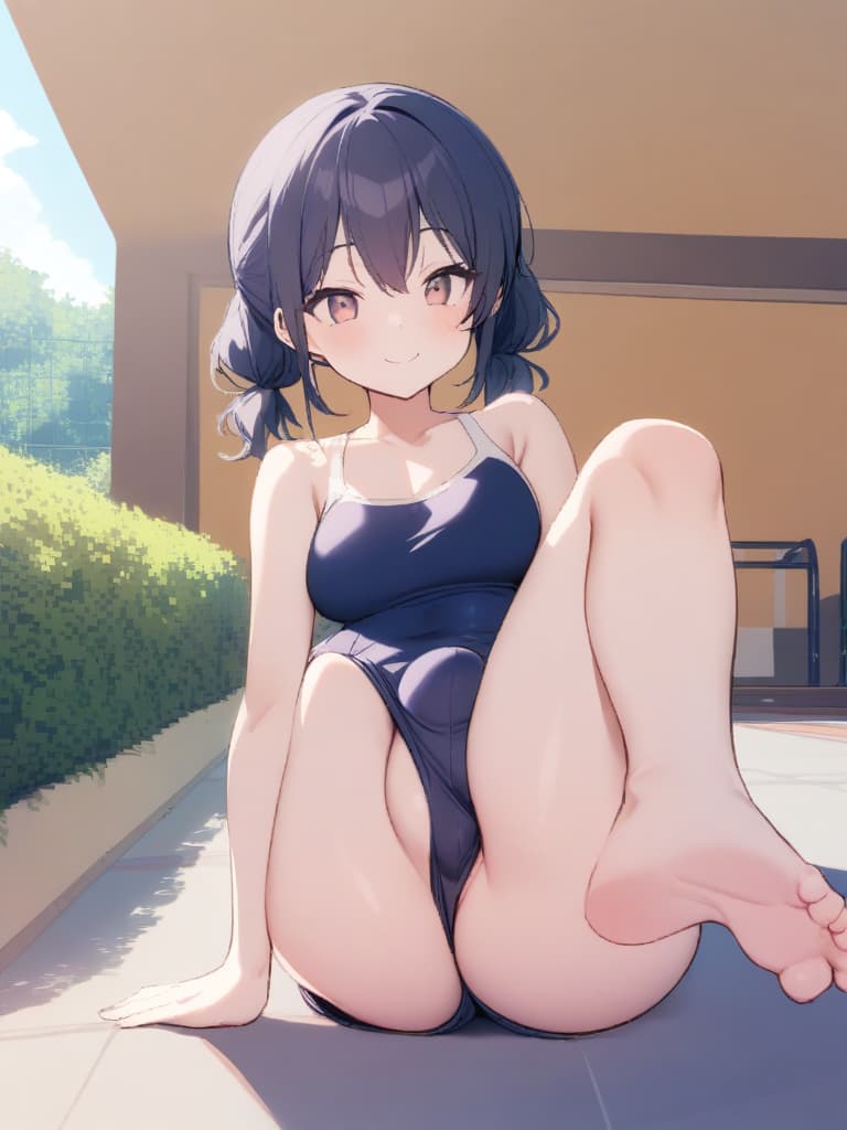  women's elementary (girls), twin tails, cute smiles, big s, low stature, dark blue swimwear, old swimwear, swimwear, simple (bulging), man (bulge), (swelling), shaped clear (clear) shape clearly (clear shape), front, whole body, pool side,