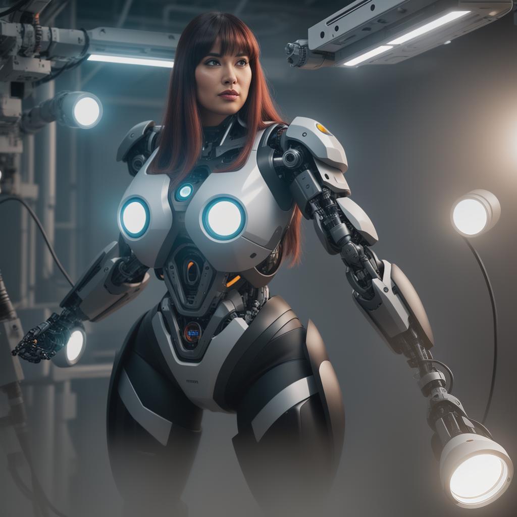  A cyborg obese woman with long hair and bangs, robotic arms and legs, exposed components and wiring, brightly lit laboratory background, full body photo looking into the camera hyperrealistic, full body, detailed clothing, highly detailed, cinematic lighting, stunningly beautiful, intricate, sharp focus, f/1. 8, 85mm, (centered image composition), (professionally color graded), ((bright soft diffused light)), volumetric fog, trending on instagram, trending on tumblr, HDR 4K, 8K