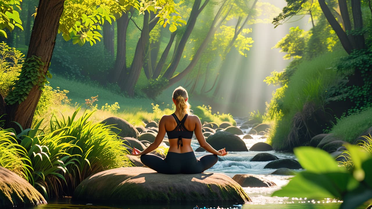  a serene setting featuring a diverse group of people practicing yoga in nature, surrounded by lush greenery, a gentle stream, and soft sunlight filtering through trees, embodying balance, harmony, and connection to self and environment. hyperrealistic, full body, detailed clothing, highly detailed, cinematic lighting, stunningly beautiful, intricate, sharp focus, f/1. 8, 85mm, (centered image composition), (professionally color graded), ((bright soft diffused light)), volumetric fog, trending on instagram, trending on tumblr, HDR 4K, 8K