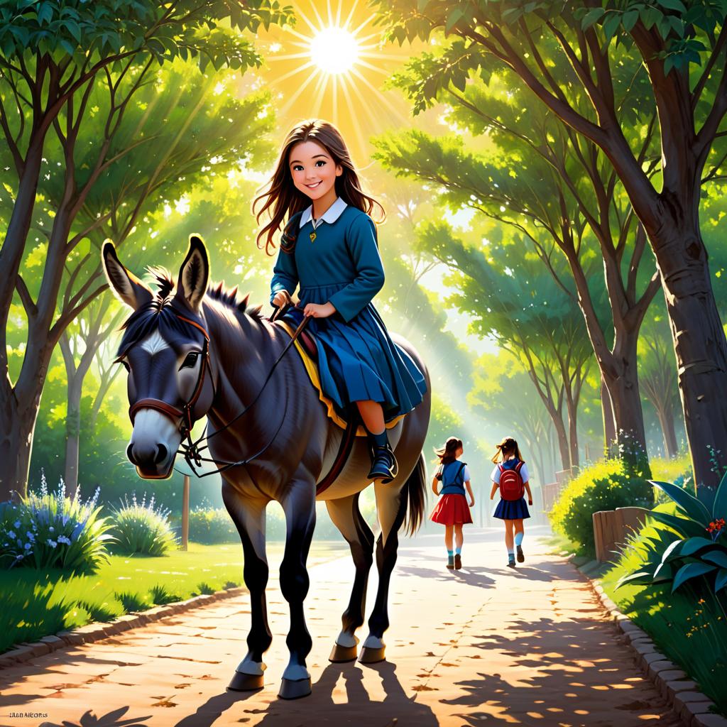  a girl, happy, school, trees, sun, nature, donkey, award winning, professional, highly detailed, masterpiece