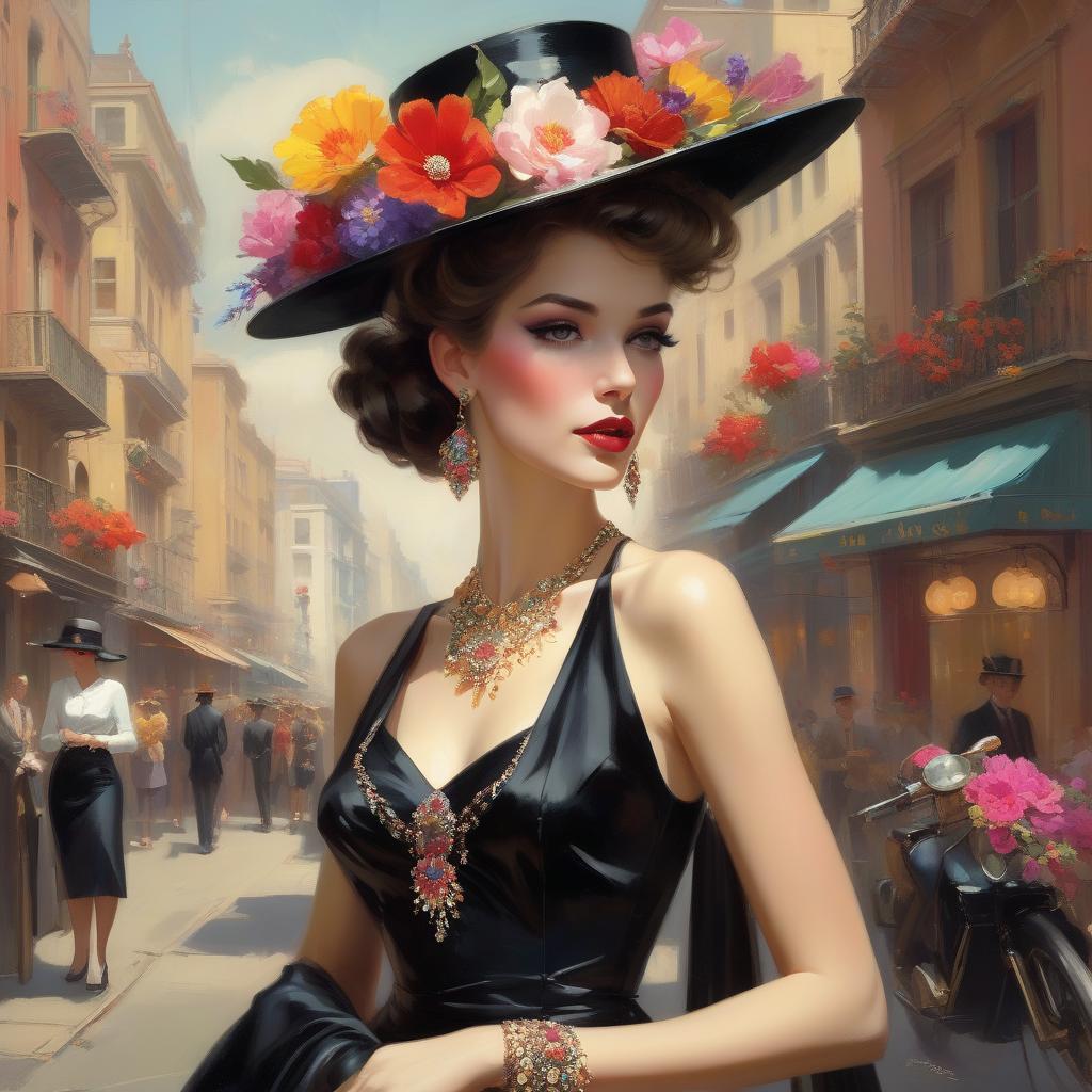  a glamorous woman in vintage attire stands in a lively street scene, showcasing a black dress adorned with intricate jewelry, complemented by a striking hat and vibrant flowers in her hair. happy beautiful woman in interesting clothing. elegant. surreal.by pino daeni, tom bagshaw, pino daeni, karol bak, michael whelan