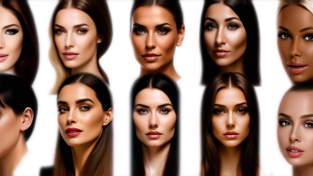  different beauty. set of different female heads of different ages on a light background. ar 16:9, (natural skin texture), highly detailed face, depth of field, hyperrealism, soft light, muted colors