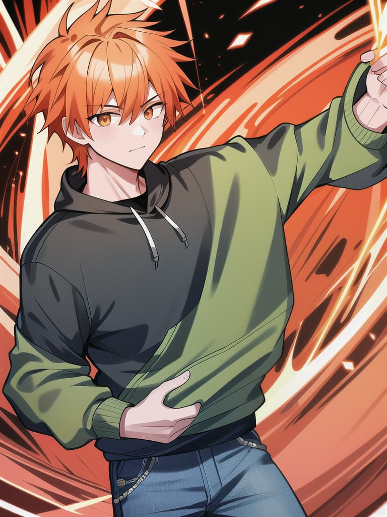  Boys, orange hair, energy, piece, hoodie, jeans, masterpiece, best quality,8k,ultra detailed,high resolution,an extremely delicate and beautiful,hyper detail