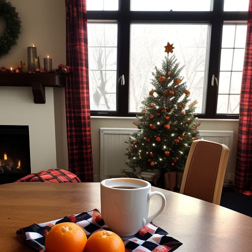  tangerines on the table, next to there is a fragrant cocoa with marshmallow in a mug, next to a checkered red plaid and a cat, and in the distance a new year tree near a large window and a fireplace