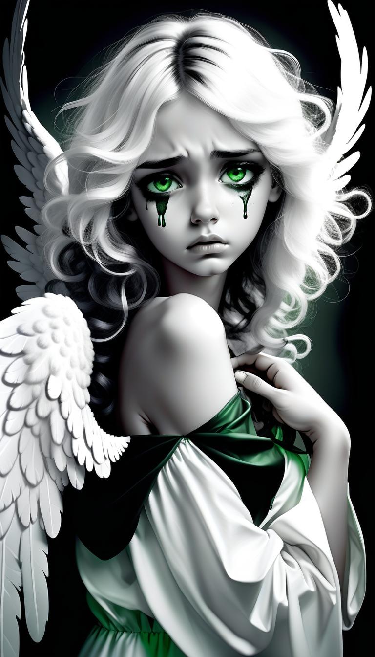  1) a very sad angel in tears, 2) one wing white, the other black, open (3) curly black and white hair, the right half of the hair on the head is white, the left half of the hair on the head is black. 4) angel takes off (5) black and white art 6) green eyes remaining black and white (7) in wounds