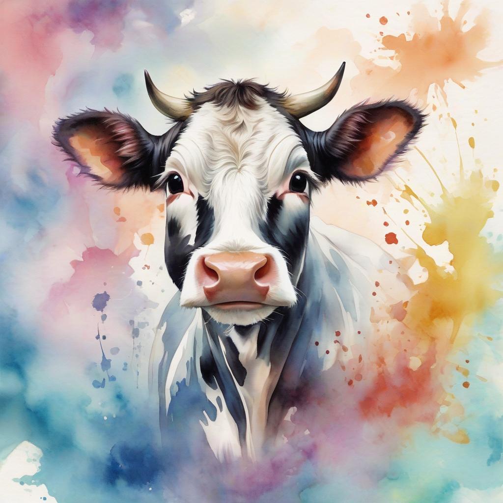  cute cow on a colored watercolor background painted in watercolor