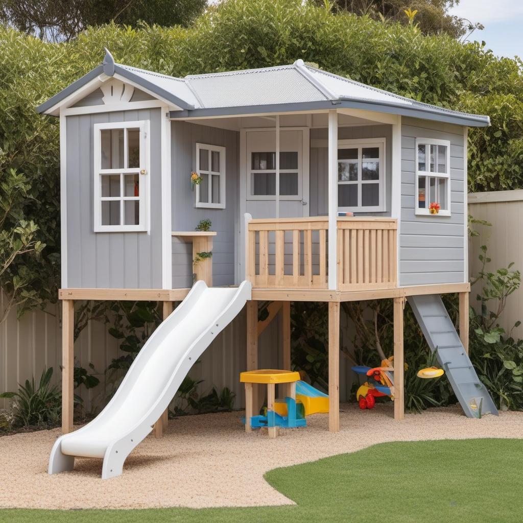  small cubby house on stilts, slide off right, white with light grey trim, verandah, stairs at front. sandpit to left on ground, park kids cars under, profile image style