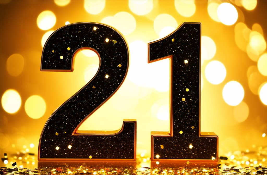  number 21 with golden bokeh lights and confetti, festive birthday celebration ar 3:2 {prompt}, maximum details