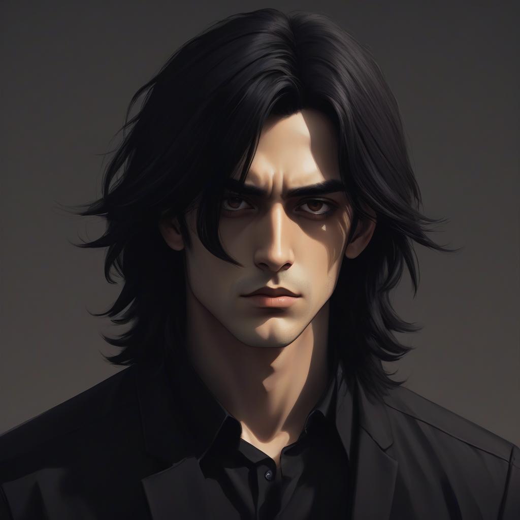  the image shows the character of a guy with long black hair and large brown eyes. he is dressed in black clothes the expression looks serious and thoughtful, which gives him character and depth. the style of the image resembles pixel or cartoon graphics, which adds an element of playfulness