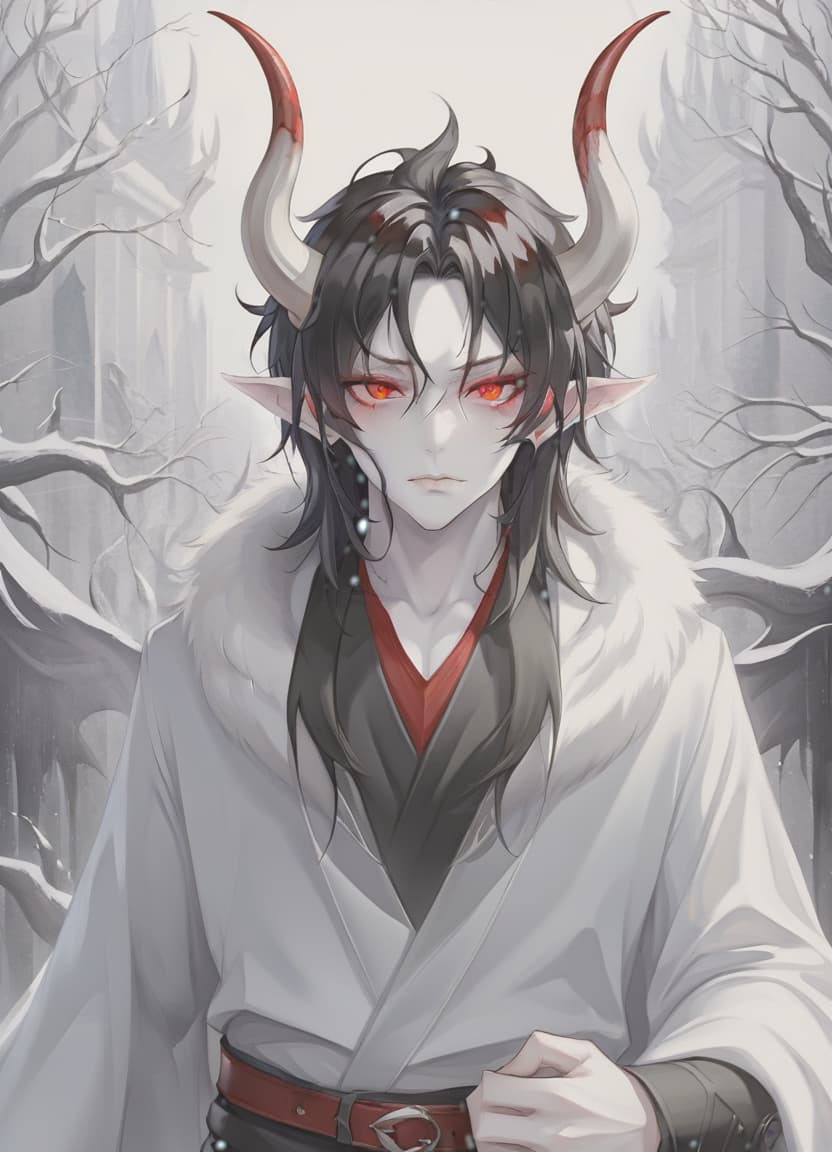  breathtaking man demon, white skin, red eyes, black hair, white horns, black clothes . award winning, professional, highly detailed