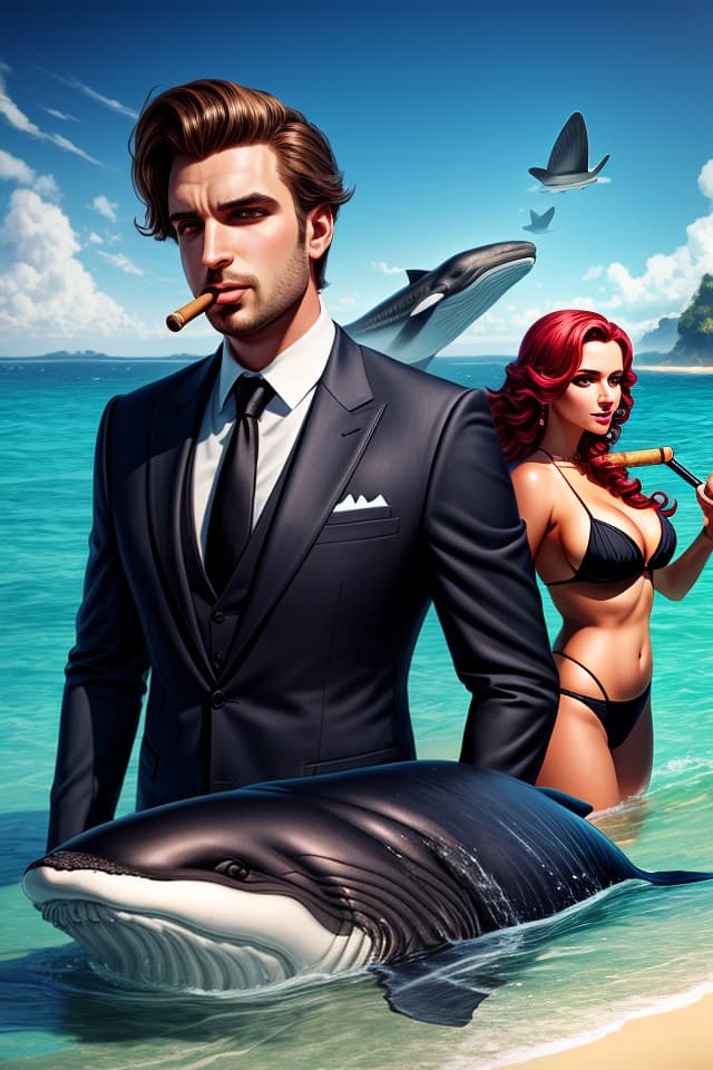  a rich man in a suit with a cigar in his mouth standing beside a big stranded whale with two beautiful ladies in bikinis on the man's side, cyril rolando, hq, hightly detailed, 4k