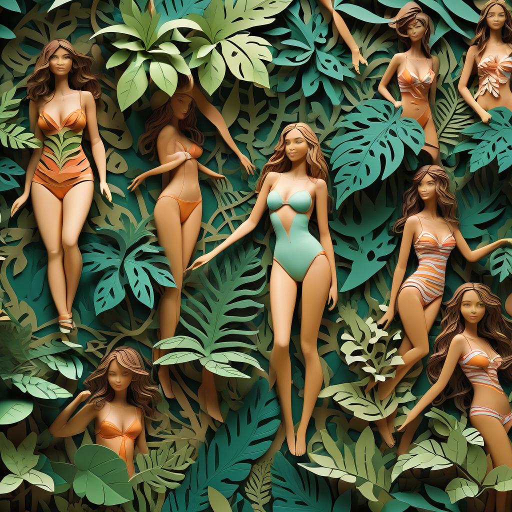  stacked papercut art of plants lianas on the trees of the tropics, where beautiful girls in swimsuits lie on the gislongs. in full growth. they tan. and smile nicely . 3d, layered, dimensional, depth, precision cut, stacked layers, papercut, high contrast