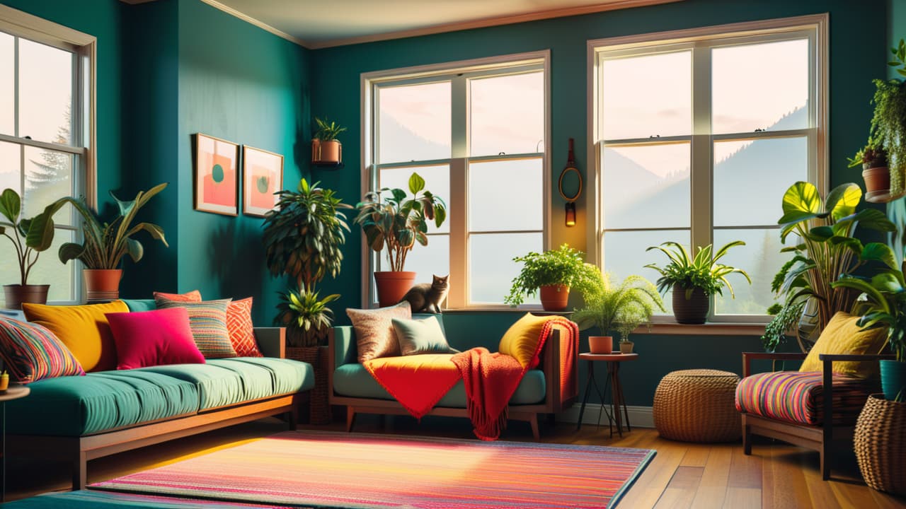  a cozy living room with multi level cat trees, plush hammocks, and a sunlit window perch, surrounded by potted plants and colorful cushions, showcasing playful cats exploring and lounging in a warm, inviting atmosphere. hyperrealistic, full body, detailed clothing, highly detailed, cinematic lighting, stunningly beautiful, intricate, sharp focus, f/1. 8, 85mm, (centered image composition), (professionally color graded), ((bright soft diffused light)), volumetric fog, trending on instagram, trending on tumblr, HDR 4K, 8K