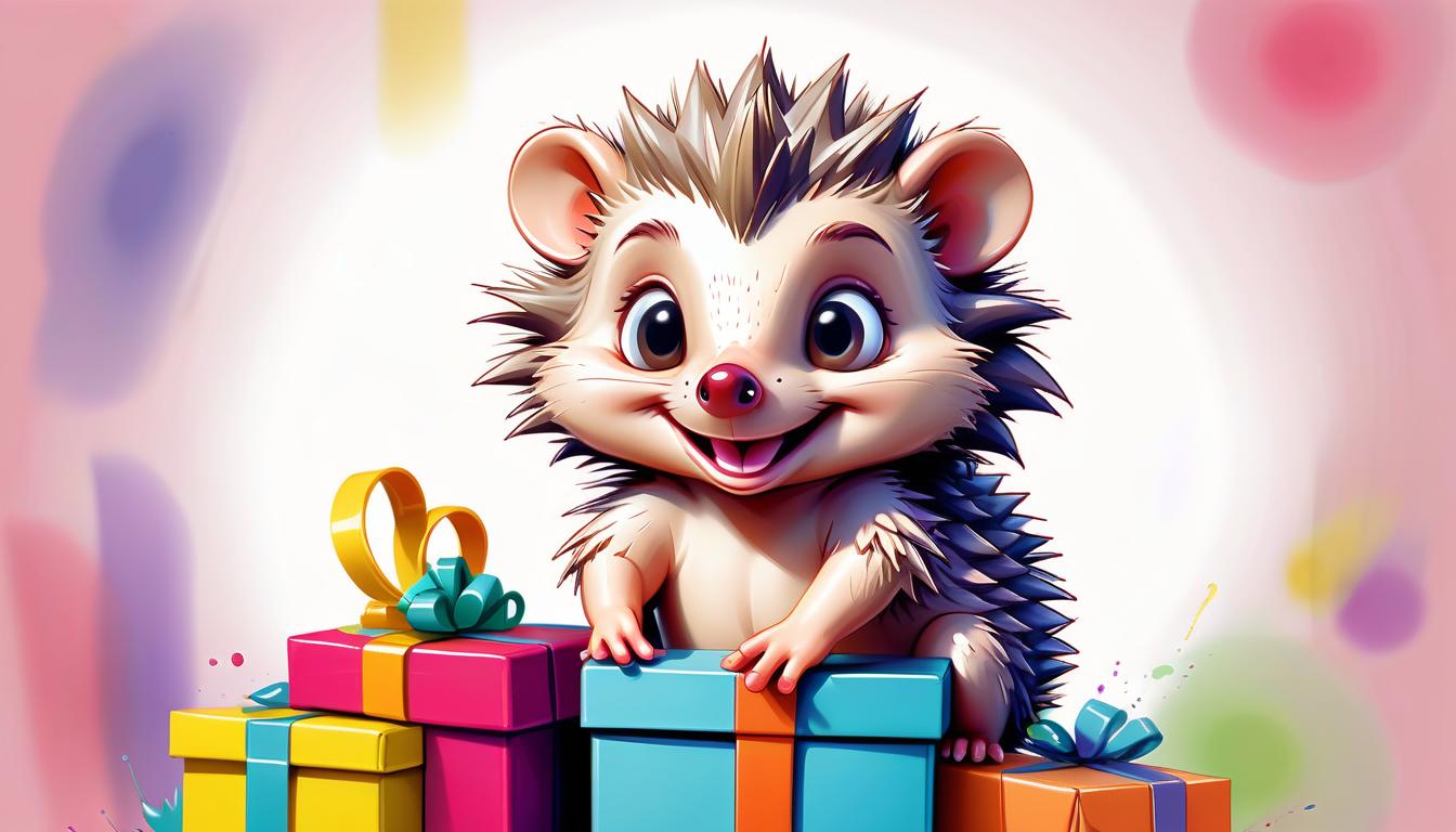  pop art style (painted) (watercolored) cute hedgehog opens a box of gifts and toys, smiling face, soft shades, fine contours with ink, cartoon effect, middle plan, add boxes around . bright colors, bold outlines, popular culture themes, ironic or kitsch