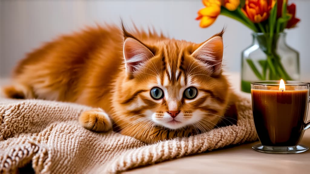  little fluffy kitten lying on a blanket next to a mug of coffee and a vase of flowers, portrait, unsplash, romanticism, orange tone, cozy candlelight, flowing red hair, autumn time, posing in front of the camera, cottagecore, there are , handsome, glowing red, kittens ar 16:9 {prompt}, maximum details