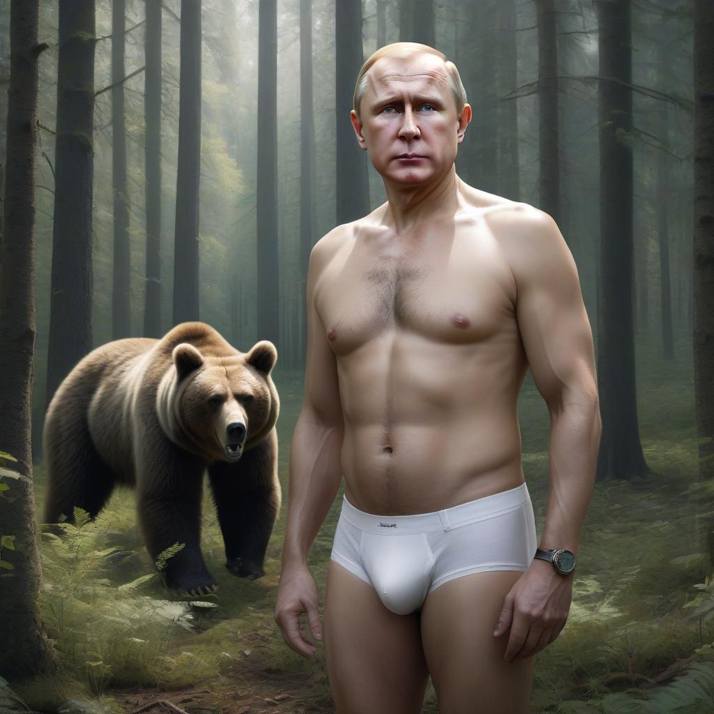  hyperrealistic art the russian president stands in the woods in a clearing in white underpants surrounded by nature. there's a huge bear next to him. . extremely high resolution details, photographic, realism pushed to extreme, fine texture, incredibly lifelike