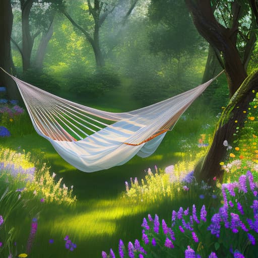  A pretty, cozy meadow in the garden with flowers, flowering shrubs, and green grass, a hammock is hung between trees in the distance. hyperrealistic, full body, detailed clothing, highly detailed, cinematic lighting, stunningly beautiful, intricate, sharp focus, f/1. 8, 85mm, (centered image composition), (professionally color graded), ((bright soft diffused light)), volumetric fog, trending on instagram, trending on tumblr, HDR 4K, 8K