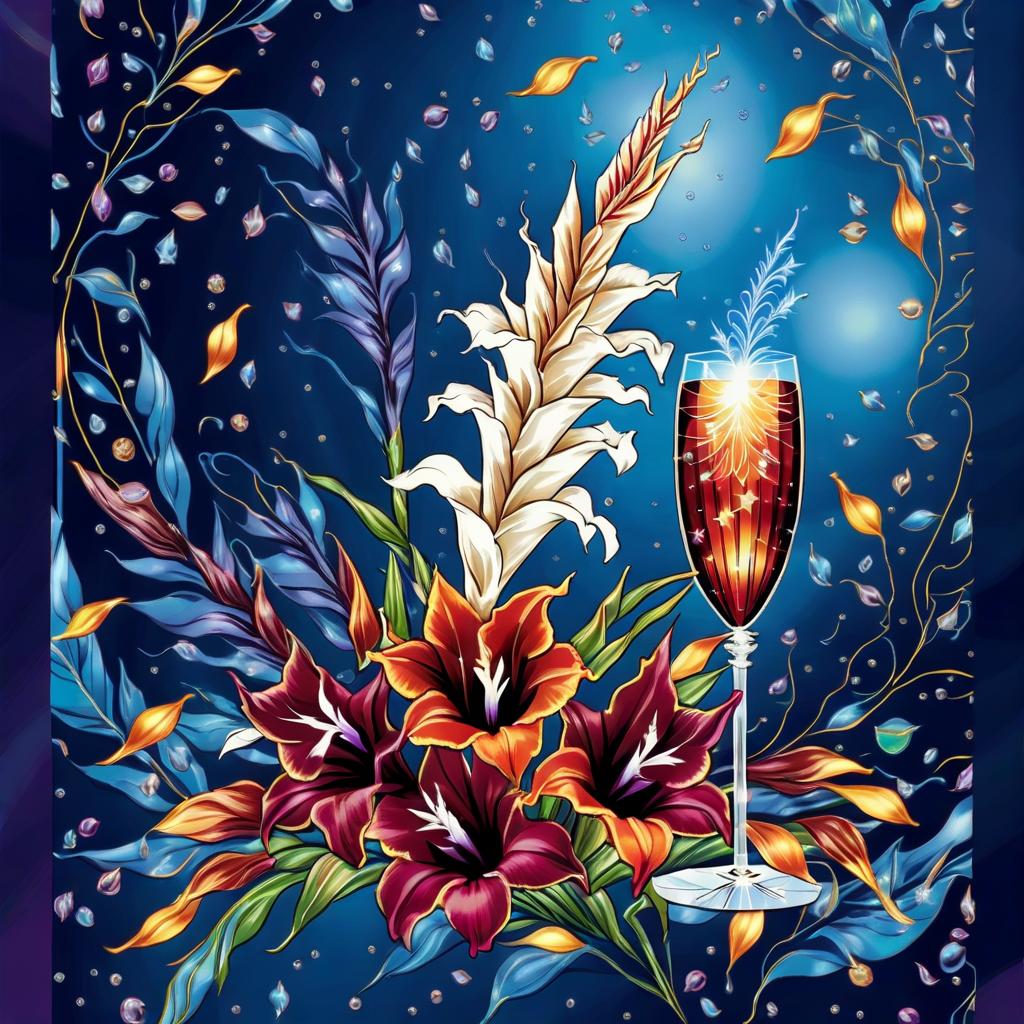  dreamscape (crystal tall glass):champagne with ice cubes and chocolate.(birthday card) card design: blue blue background with (((decorated with fine fractal glitter, bright leaves, ink sketch lines on a blue background, outlines, falling autumn leaves, silver swirls, autumn leaves, ((profile of a woman's face, in the style of autumn art fantasy 1,3)) . (in the centre of the card a bouquet with white gladioluses with the inscription (("for you")).((bouquet of burgundy gladioluses surrounded by multicoloured foliage 1,2)) (colour of the bouquet): burgundy red with orange border. (foliage colour) :golden, silvery white, burgundy, green, golden green, (style):fantasy, design art, greeting cards. (style):fantasy, advertising, art design. . sur