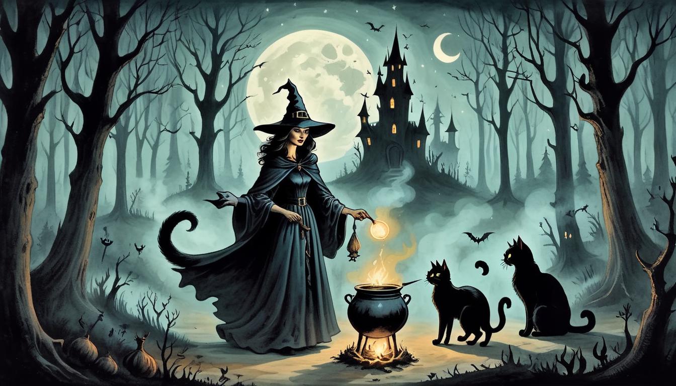  on parchment, surrealism+++, witch casting a spell in a dark forest, cauldron bubbling, black cat, moonlight casting eerie shadows(mysterious, provocative, symbolic,muted color)+++