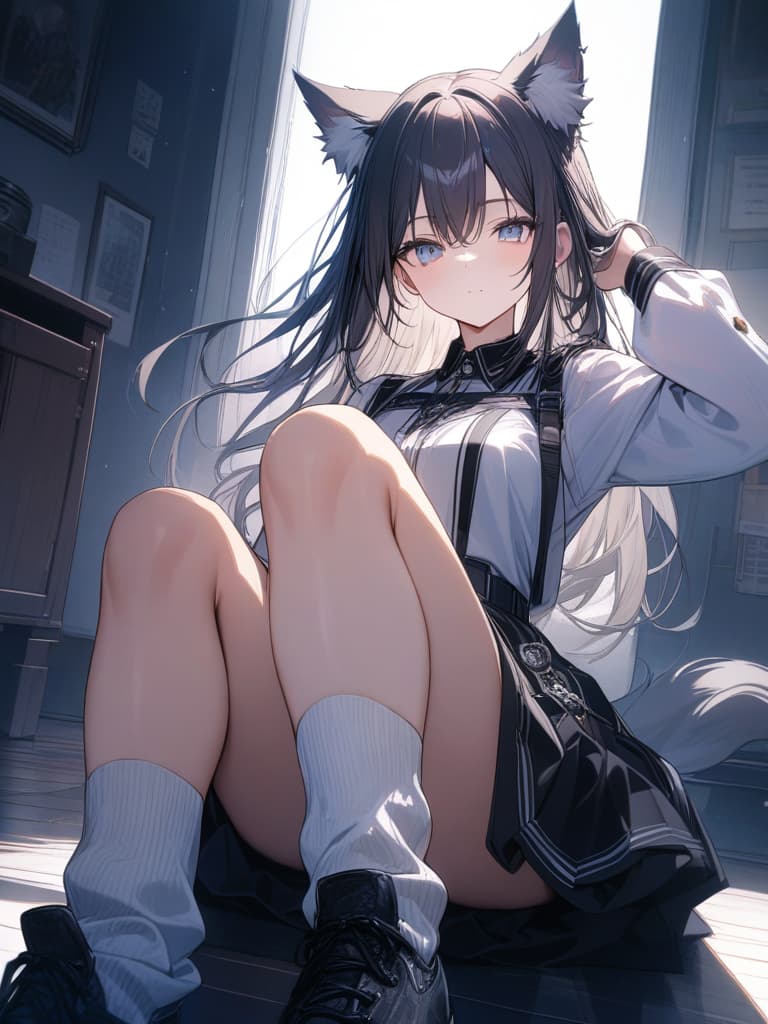  girls, loose socks, students, white socks, wolf ears, white eyes, blue eyes, long hair, uniforms, shoes black, whole body, masterpiece, best quality,8k,ultra detailed,high resolution,an extremely delicate and beautiful,hyper detail