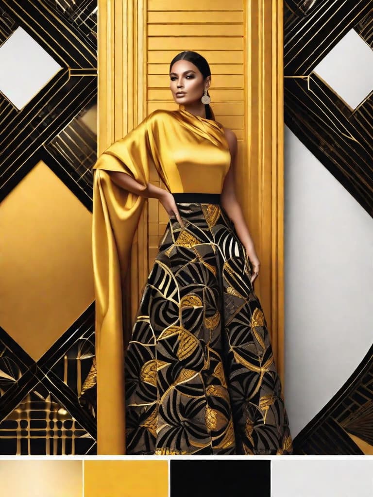  Golden yellow and sleek black color palette, captivating and inviting expression, exuding elegance and charm, magnetic beauty, intricate details, high contrast, luxurious feel, digital art, female, glossy finish, striking composition, dynamic lighting to enhance features.