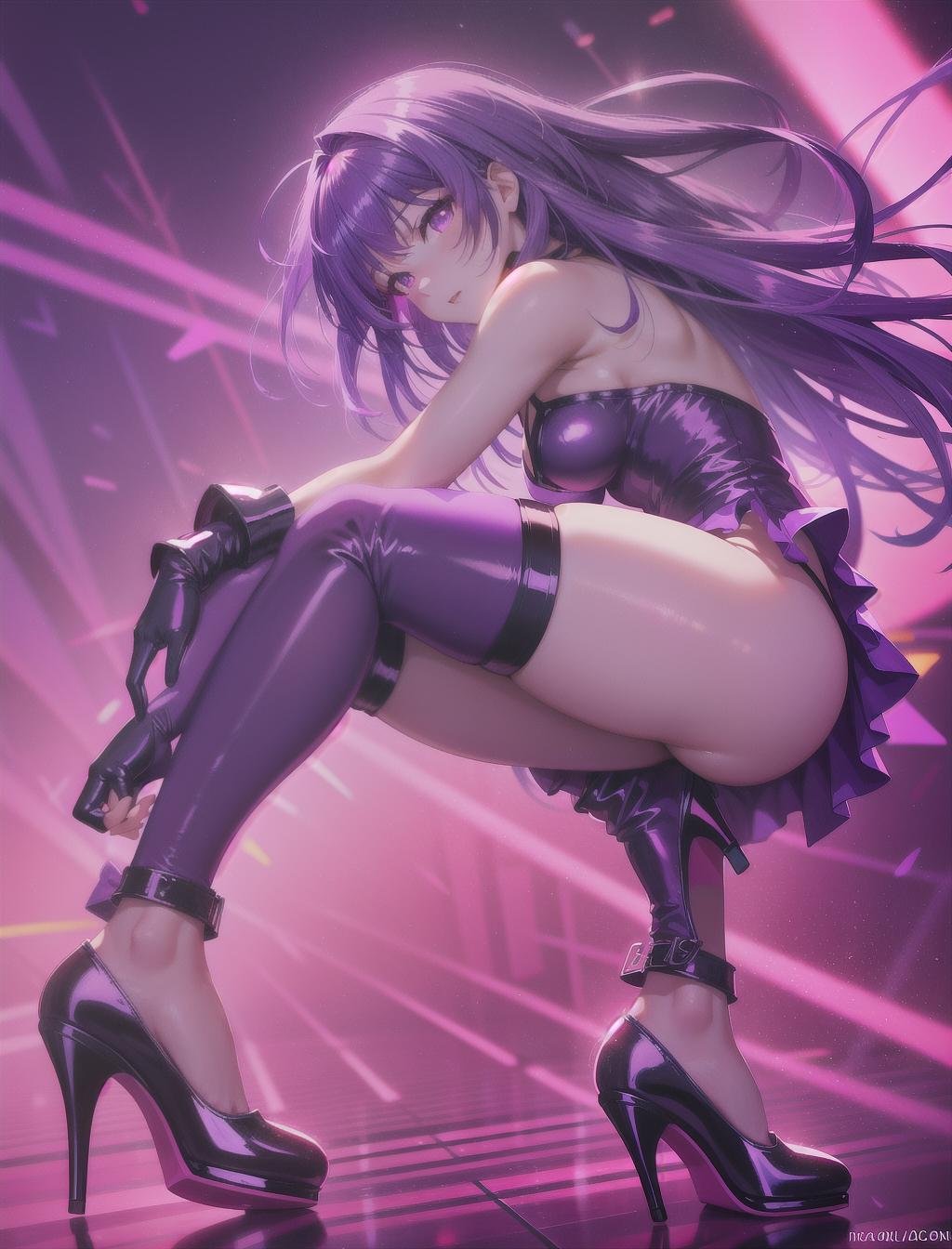  silhouette, solo, close up, masterpiece, best quality, solo, long purple hair, neon purple eyes, thigh highs, heels, bunny female suit, red neon light background, colorful, seductive pose