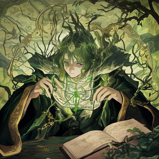  a green fire instead of a body with white eyes in a black and gold robe., overland fantasy woodland map, such as a map, a font that is modern and easy to read