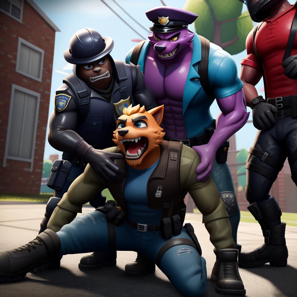  Evil corrupt police officers (Fortnite), full body, gloves, police brutality pain, bullying, victim surrounded, scared helpless victim, brutal attack, open eyes, masterpiece, 4k, fine details,