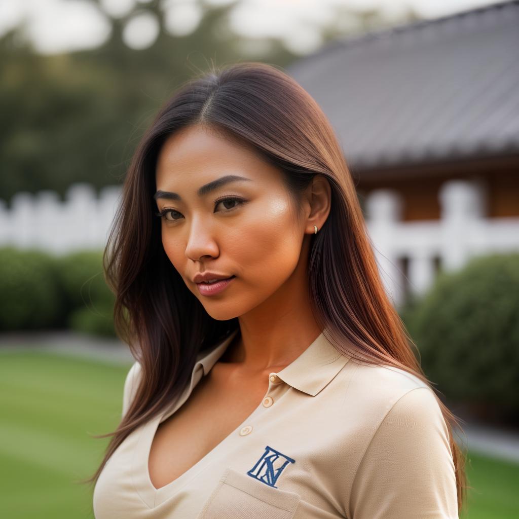  (((realistic full torso frontal head shot of a light tan skin tone woman))), eri mana fujita, ((japanese heritage)), immature face, green eye color, ((long hair style)), (( hair color)), ((skinny body type)), medium size, athletic size, (immature broad flat nose), (immature rounded cheeks), (immature soft jawline), (immature full lips), (immature prominent forehead), (immature even eyebrows), (immature slightly rounded chin), standing straight looking directly into the camera,((wearing fitted polo shirt with deep v neck and monogrammed pocket)), backyard in background, 1, best quality, highest quality, award winning photo, masterpiece, raw, professional photography, photorealism, sharp focus, cinematic, high res hyperrealistic, full body, detailed clothing, highly detailed, cinematic lighting, stunningly beautiful, intricate, sharp focus, f/1. 8, 85mm, (centered image composition), (professionally color graded), ((bright soft diffused light)), volumetric fog, trending on instagram, trending on tumblr, HDR 4K, 8K