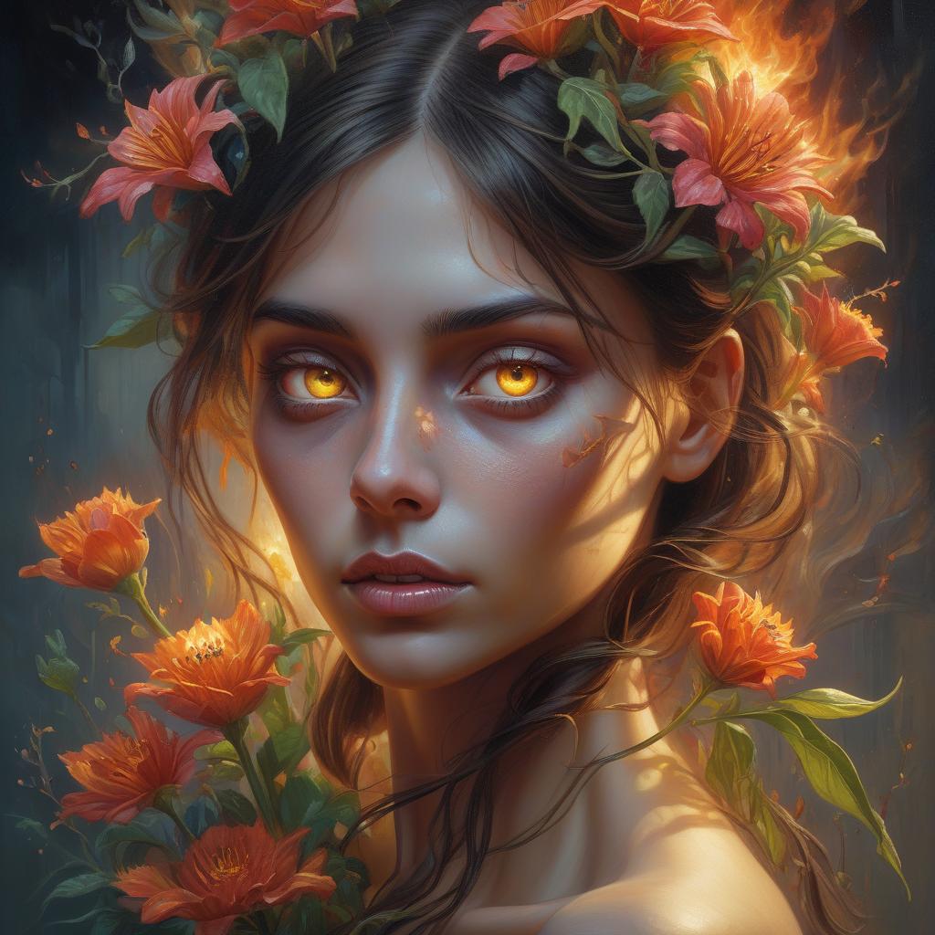  hyperrealistic art beautiful hybrid woman with flowers sprouting from her, oil painting, detailed fiery eyes, ethereal glow, dark and mysterious, high quality, vibrant colors, surreal, haunting, intricate floral details, intense gaze, mystical atmosphere, oil painting, demon, hybrid, fiery eyes, ethereal, vibrant colors, surreal, haunting, floral details, intense gaze, mystical atmosphere . extremely high resolution details, photographic, realism pushed to extreme, fine texture, incredibly lifelike