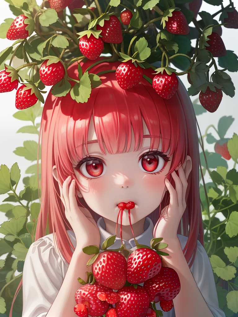  a tree with many wild strawberries growing,a side of a wild strawberry tree,a child eating a wild strawberry ((picking a wild strawberry with both hands,bringing a wild strawberry grain to his mouth,eating a wild strawberry grain)),high resolution,absurdity,adoption,close up,