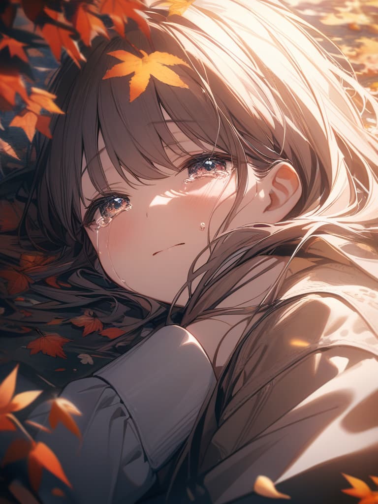  autumn, kaede trees, autumn leaves are scattered, girls, tears, tears, goodbye, crying, masterpiece, best quality,8k,ultra detailed,high resolution,an extremely delicate and beautiful,hyper detail