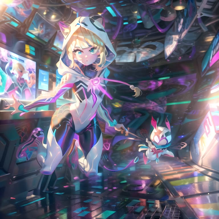  masterpiece, best quality, 1girl, gwen stacy, spiderverse, (medium length blond sidecut hair), blue eyes, (all white full body suit with aqua and purple lines and white hood)