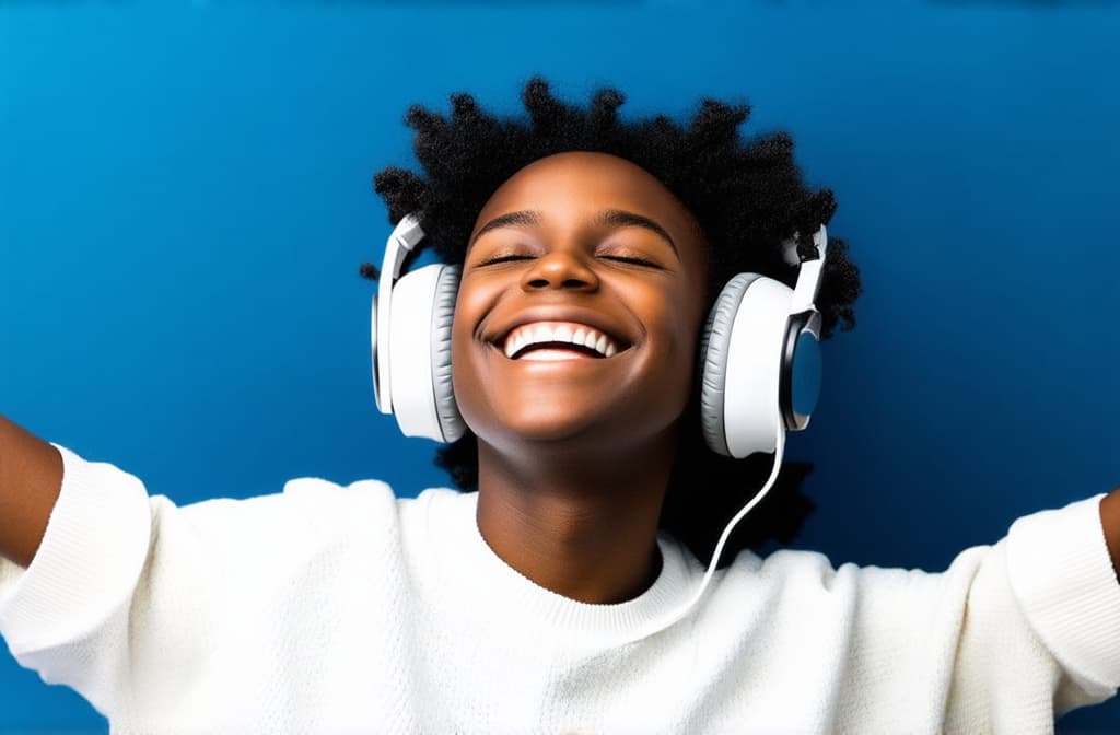  young in white big headphones listening to music, smiling, 's eyes are closed, has dark curly hair, head raised up, on a plain blue background ar 3:2 {prompt}, maximum details