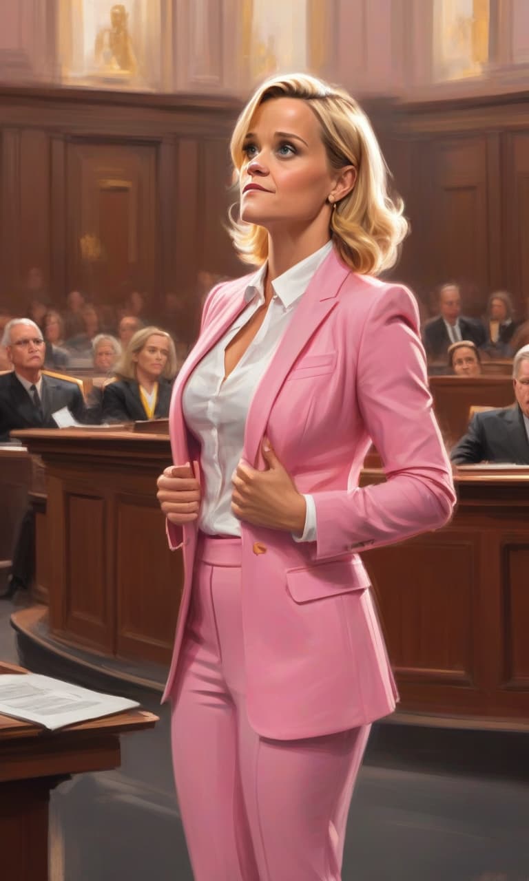  concept art color pink, white, black, gold courtroom reese witherspoon to the waist in a pink suit speaks to the judge . digital artwork, illustrative, painterly, matte painting, highly detailed, perfect hands