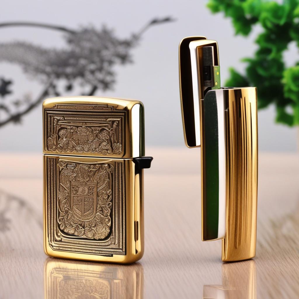  masterpiece, best quality,Draw a Zippo kerosene lighter shell decorated with figures, patterns using mother-of-pearl craft, put the lighter on the table