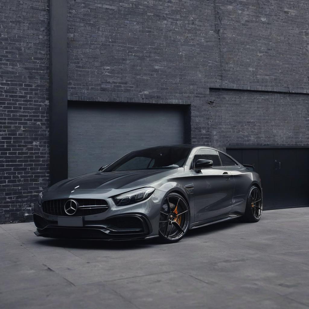  sports modern car stands against the background of a black brick building, black and gray style