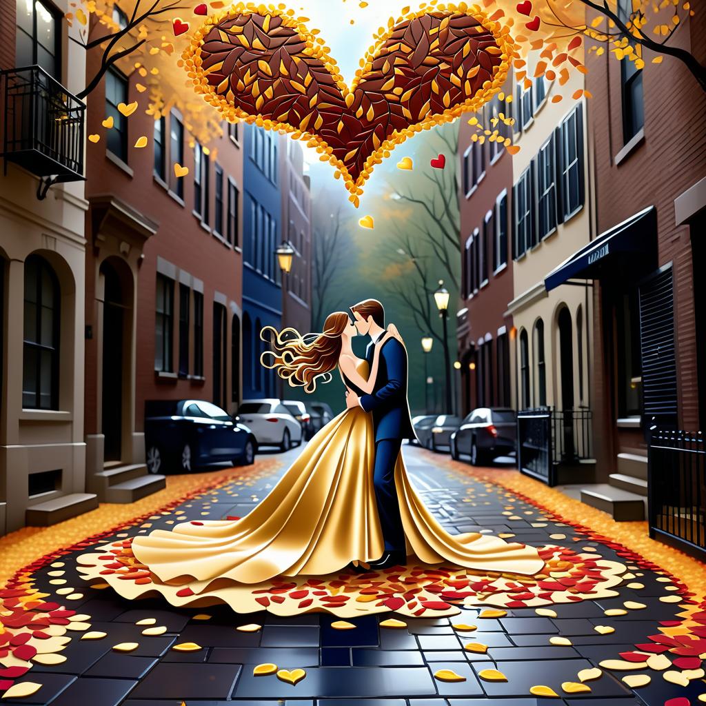  luxury product style on a carpet of yellow leaves in a simple dress of wind given crepe autumn danced a waltz boston in an alleyway. the warm day flew away and the saxophone sang hoarsely. (background of the card): falling autumn leaves, a whirlwind of autumn leaves, wind saxophone, ((a box of chocolates, the inscription "autumn waltz")) , a greeting card. (heart), a beautiful figure made of contours in the shape of a heart. (heart colour): night sky background, stars, gold pattern. (style):fantasy, autumn art, autumn romance. (colours):gold, green gold, navy blue, red, red gold, brown gold, silver, golden blue, bluish blue, dark blue on gold . elegant, sophisticated, high end, luxurious, professional, highly detailed